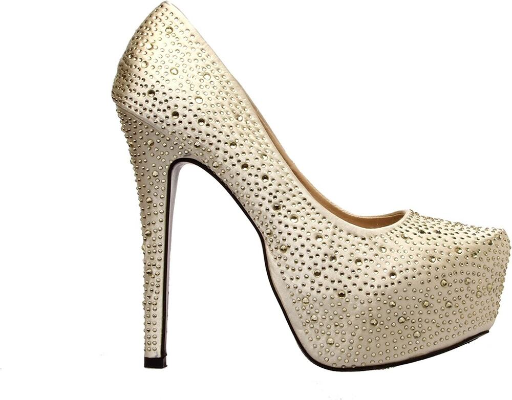 The Highest Heel Women's Giselle-11 Rhinestone Gold Studded Satin Shoes Size 7